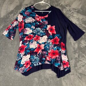 Roamans Plus Size 18/20 L Floral Sharkbite Hem 3/4 Sleeve Knit Top Navy Blue